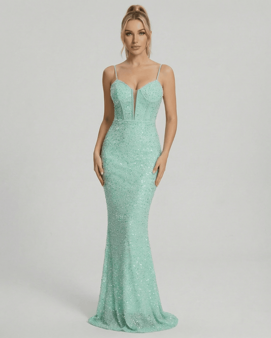 Levanzo Maxi Dress in mint green with sequin embellishments, perfect for formal occasions, by RAMBLION.