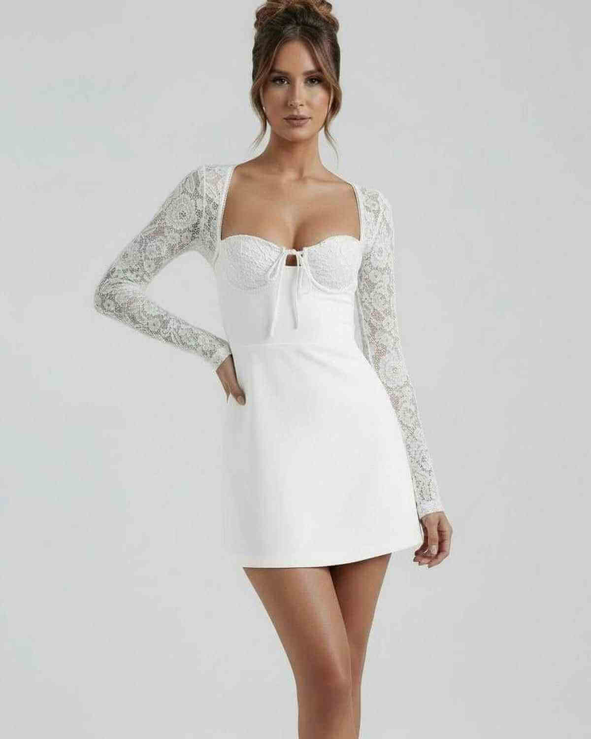 Lia Mini Dress by RAMBLION, elegant lace sleeves, structured bust, luxurious feel, perfect for special occasions.