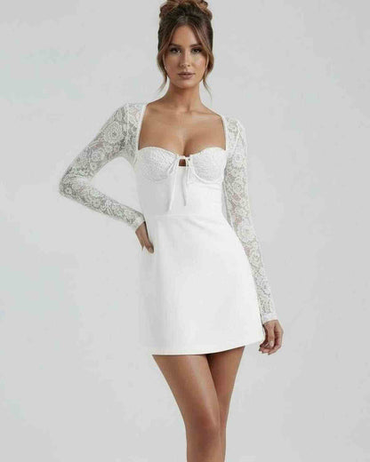 Lia Mini Dress by RAMBLION, elegant lace sleeves, structured bust, luxurious feel, perfect for special occasions.