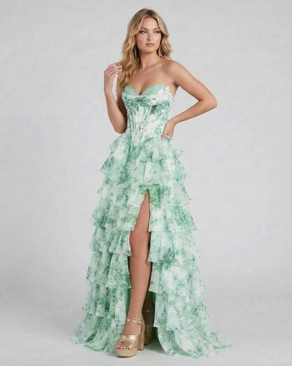 Linosa Maxi Dress in green satin with tiered ruffles, perfect for elegant occasions by RAMBLION.