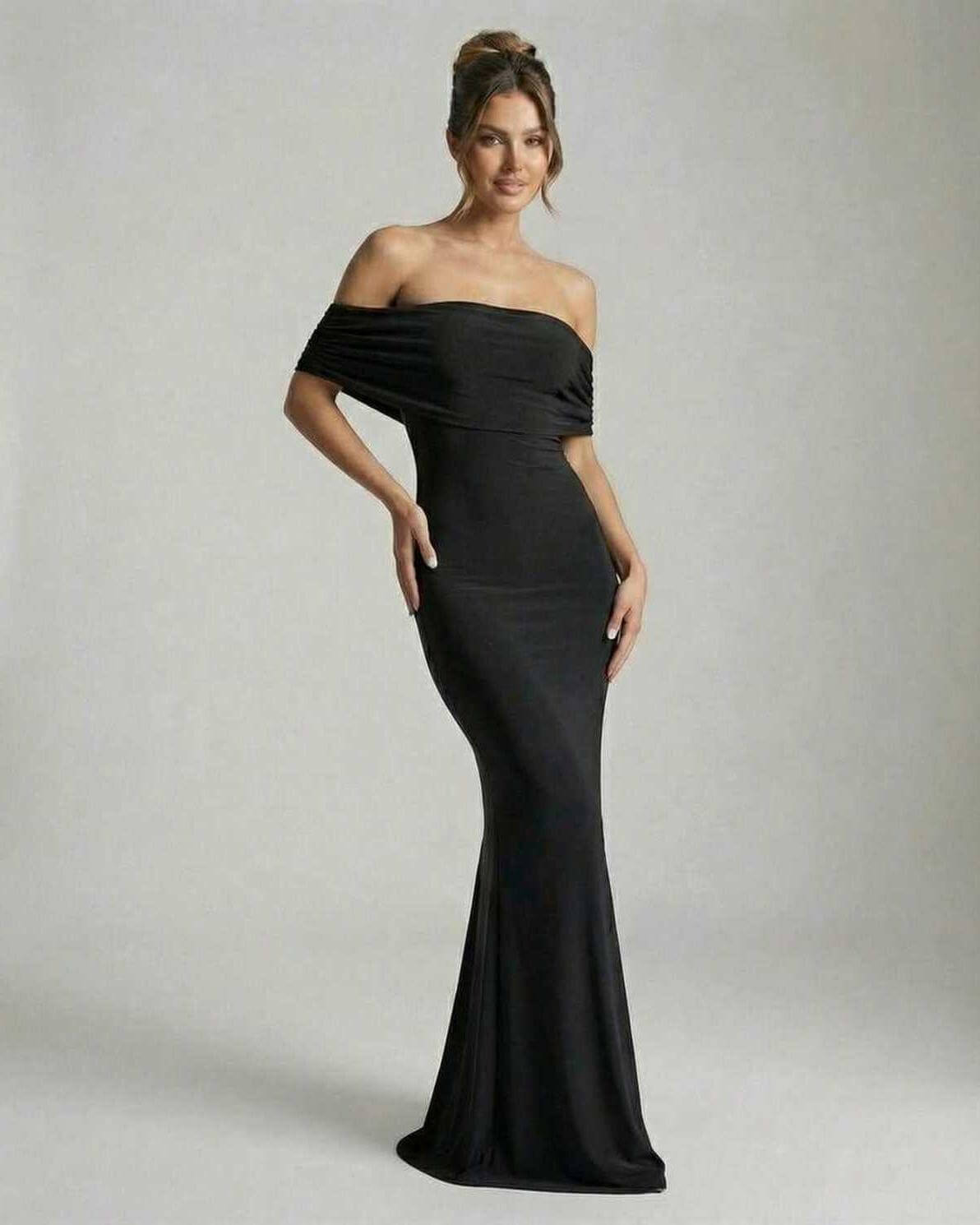 Lips Maxi Dress by RAMBLION, off-shoulder black satin gown, elegant evening attire, perfect for special occasions.