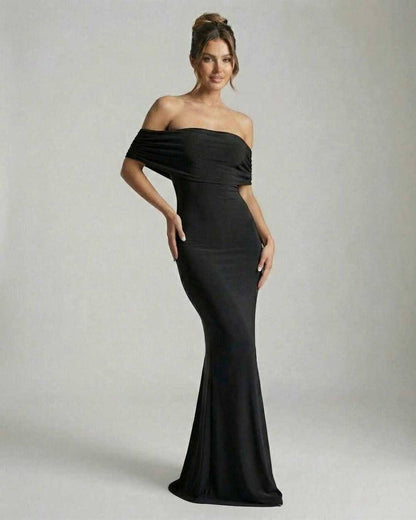 Lips Maxi Dress by RAMBLION, off-shoulder black satin gown, elegant evening attire, perfect for special occasions.