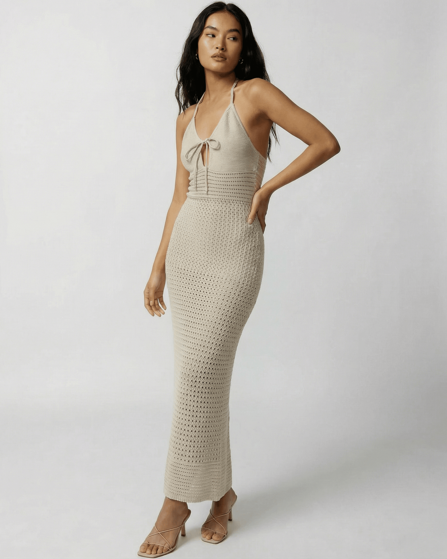 Lova Maxi Dress by RAMBLION - Beige halter-neck ankle-length dress, perfect for warm weather, offering elegance and comfort.