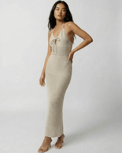Lova Maxi Dress by RAMBLION - Beige halter-neck ankle-length dress, perfect for warm weather, offering elegance and comfort.