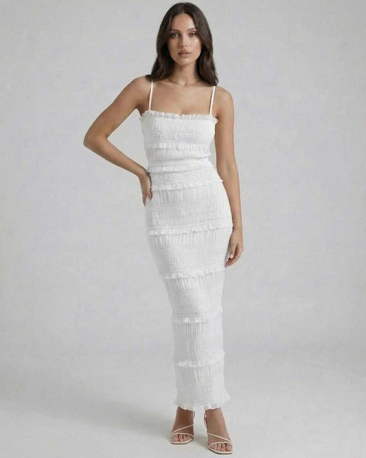 Luna Maxi Dress in crisp white with spaghetti straps and subtle pleating details by RAMBLION.