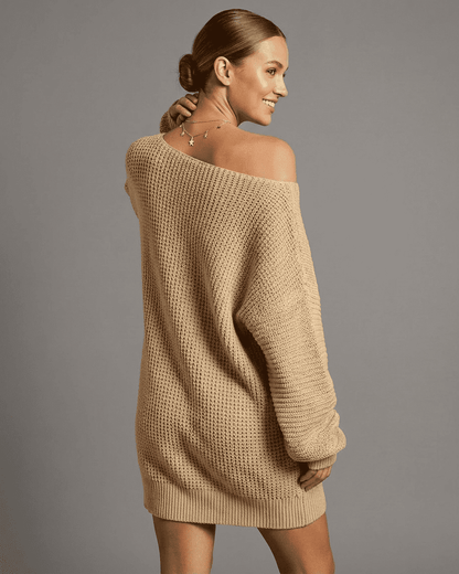 Luna Mini Dress in soft beige with off-the-shoulder neckline and cozy ribbed knit design.
