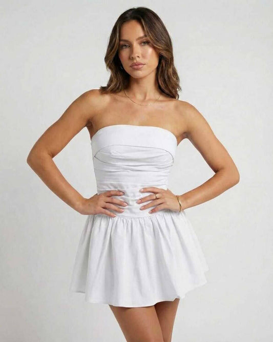 Luna Mini Dress - Classic White Strapless A-Line Silhouette by RAMBLION, perfect for summer occasions.