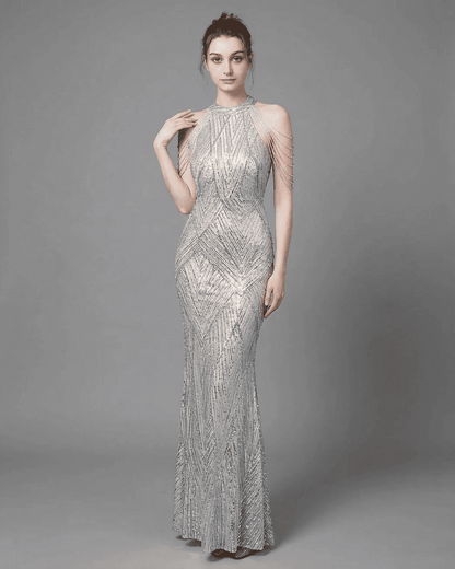 Luxe Maxi Dress - Sophisticated sequin halter mermaid gown in silver velvet with intricate patterns by RAMBLION.