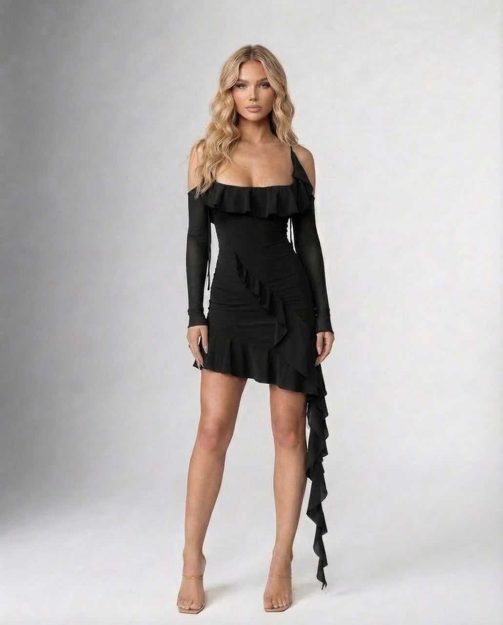 Macy Mini Dress by RAMBLION, black halter mini dress with ruffles, perfect for stylish occasions and a confident look.