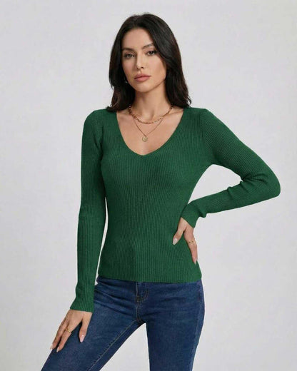Macy Pullover by RAMBLION, a V-neck green long sleeve sweater, perfect for stylish outings in cooler seasons.