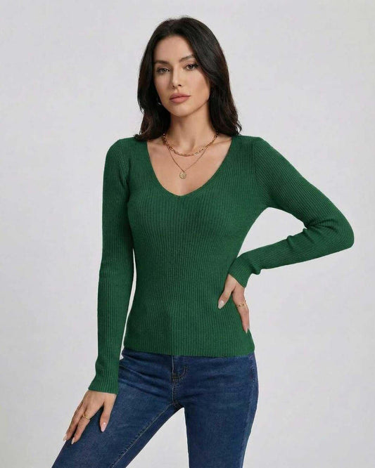 Macy Pullover by RAMBLION, a V-neck green long sleeve sweater, perfect for stylish outings in cooler seasons.