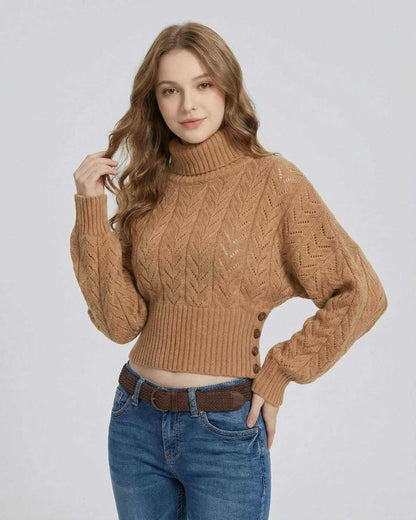 Made Sweater by RAMBLION, brown turtleneck, stylish cropped design, perfect for chic fall outfits.
