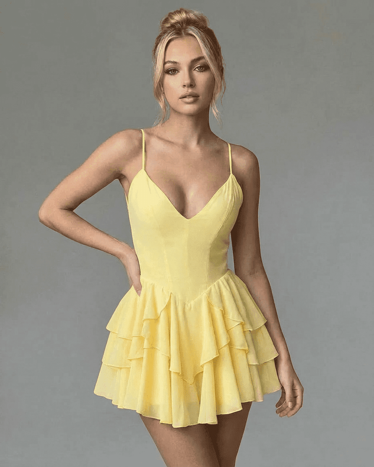 Marigold Mini Dress with V-Neck and Spaghetti Straps, featuring a tiered ruffle skirt in vibrant yellow.