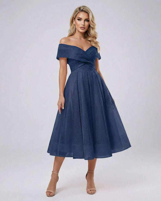 Maris Midi Dress - Elegant Off Shoulder Evening Dress in Navy for weddings and cocktail parties.