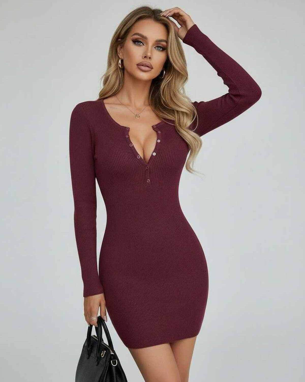 Cami Mini Dress by RAMBLION in burgundy, ribbed fabric, long sleeves, perfect for stylish, versatile occasions.