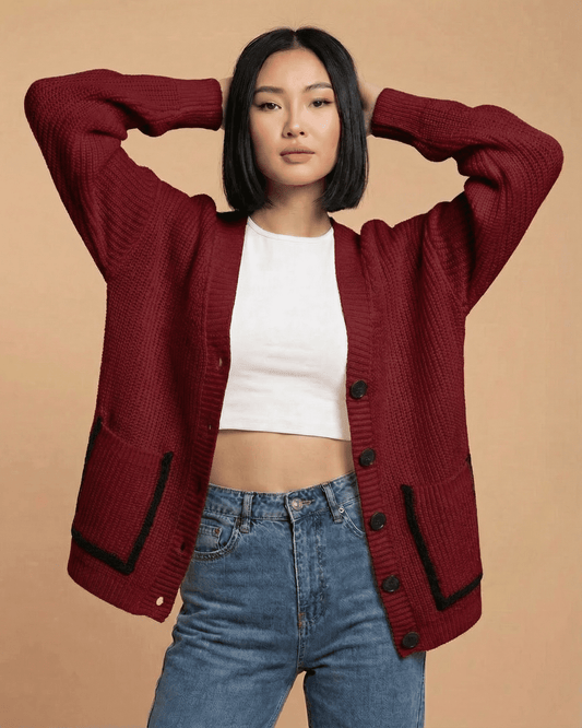Merano Cardigan in burgundy, women’s loose fit V-neck color block knit, perfect for layering and casual styling.