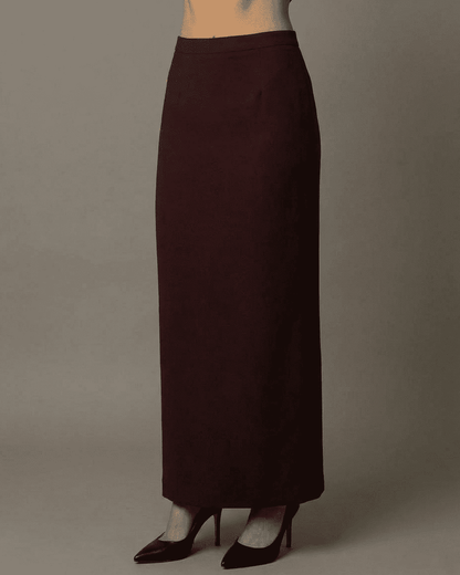 Merlot Maxi Skirt by RAMBLION, high-waisted straight silhouette with elegant slit in a rich merlot color.
