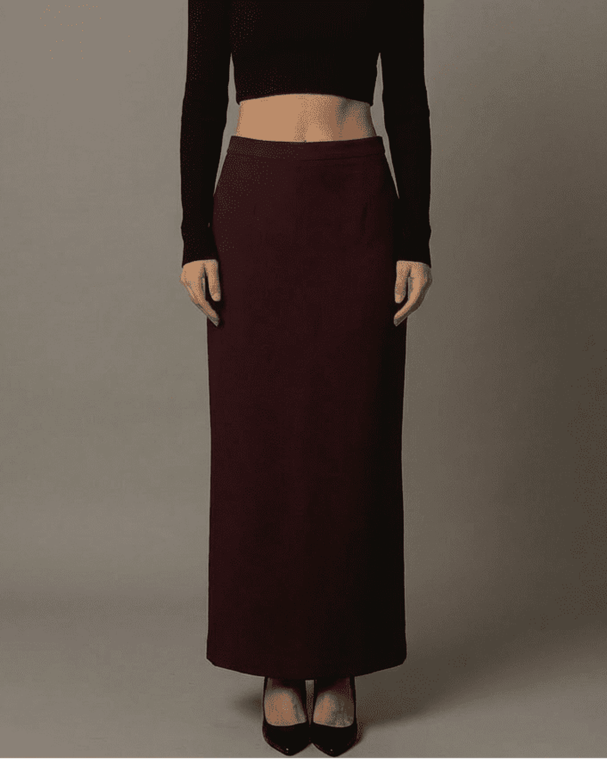 Merlot Maxi Skirt by RAMBLION featuring a high-waisted straight silhouette and elegant slit, ideal for modern elegance.