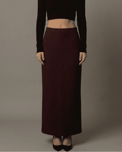 Merlot Maxi Skirt by RAMBLION featuring a high-waisted straight silhouette and elegant slit, ideal for modern elegance.