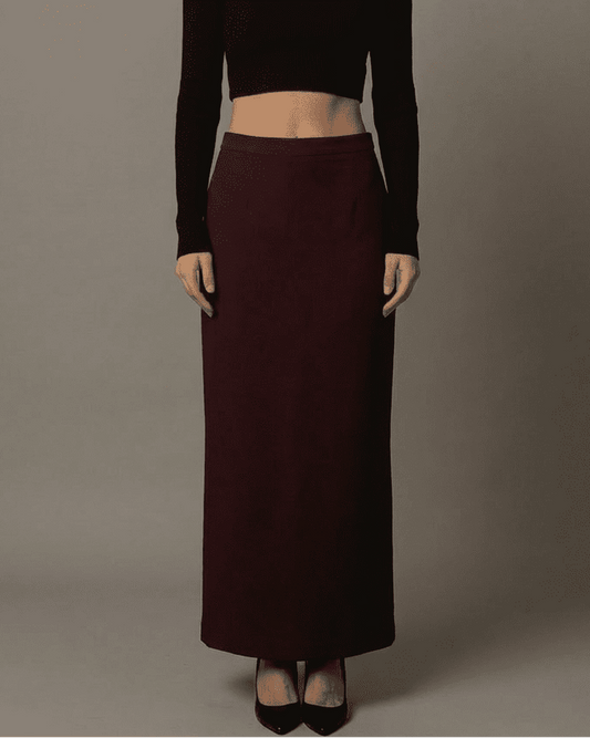 Merlot Maxi Skirt by RAMBLION featuring a high-waisted straight silhouette and elegant slit, ideal for modern elegance.