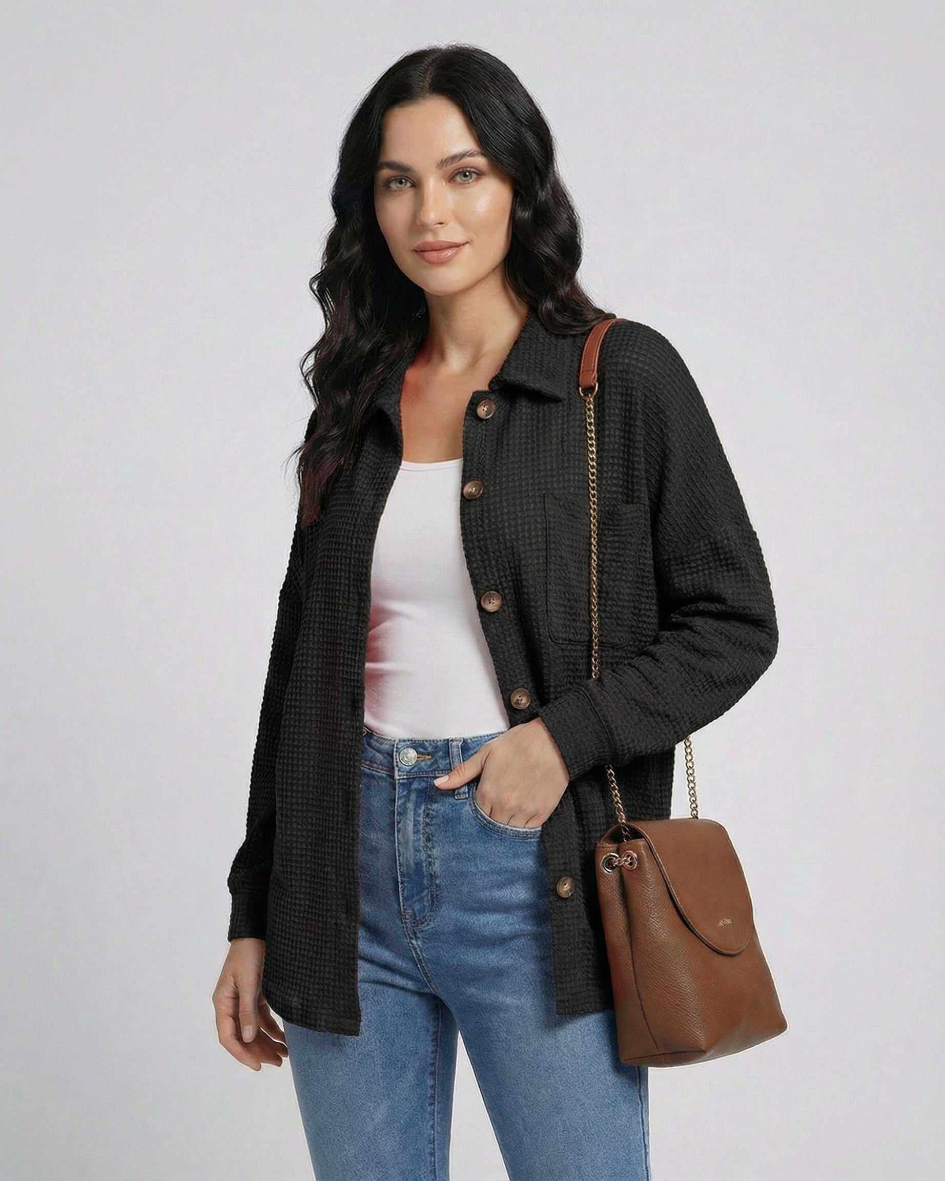 Ibiz Jacket by RAMBLION, women's black textured jacket, perfect for casual elegance with a stylish modern silhouette.