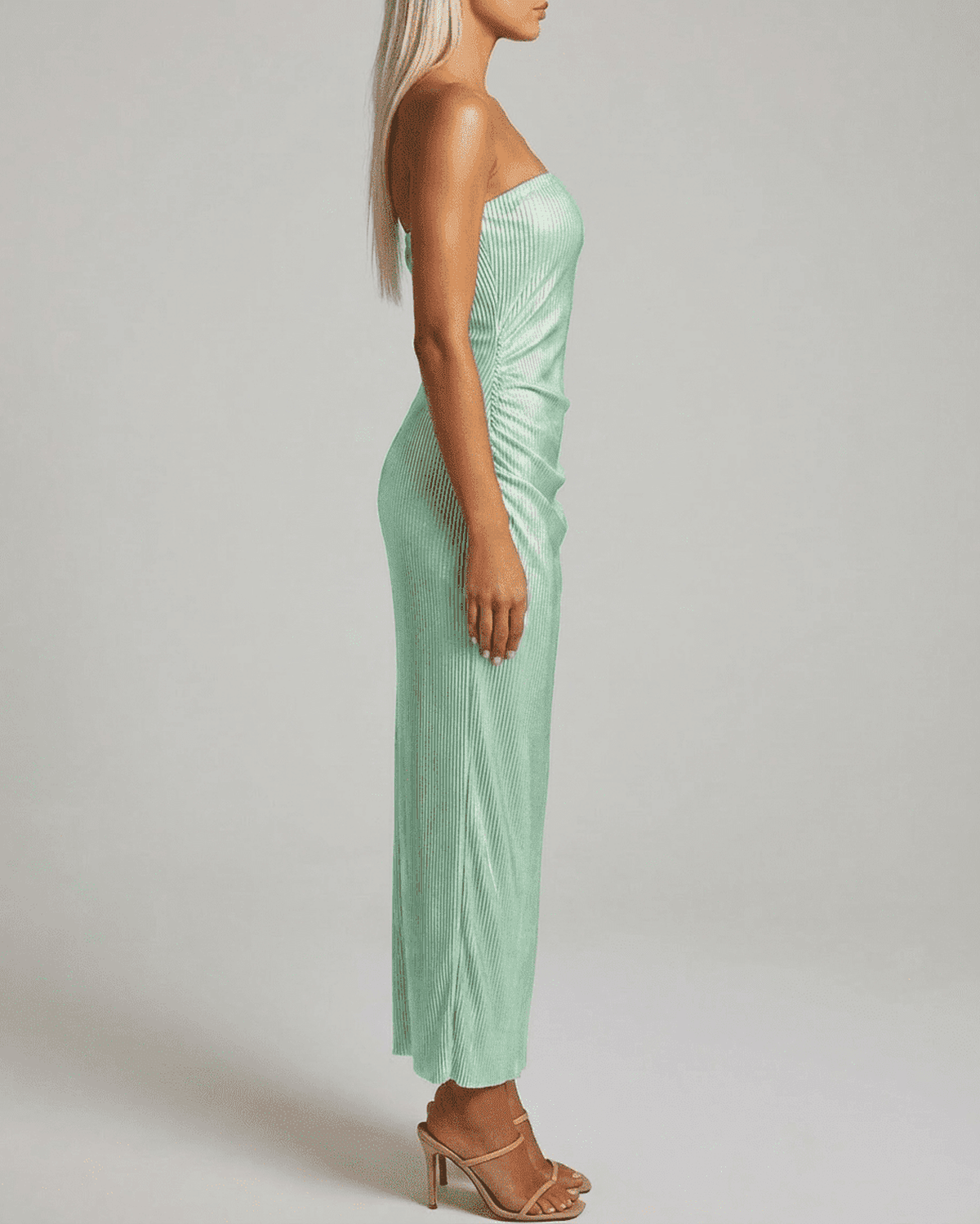 Minté Maxi Dress in mint green with strapless tube silhouette, showcasing subtle ruched texture by RAMBLION.