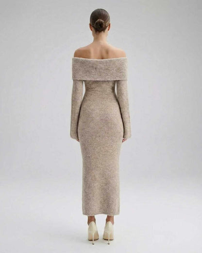 Naie Midi Dress in beige, off shoulder style, elegant fit, versatile fashion choice by RAMBLION.