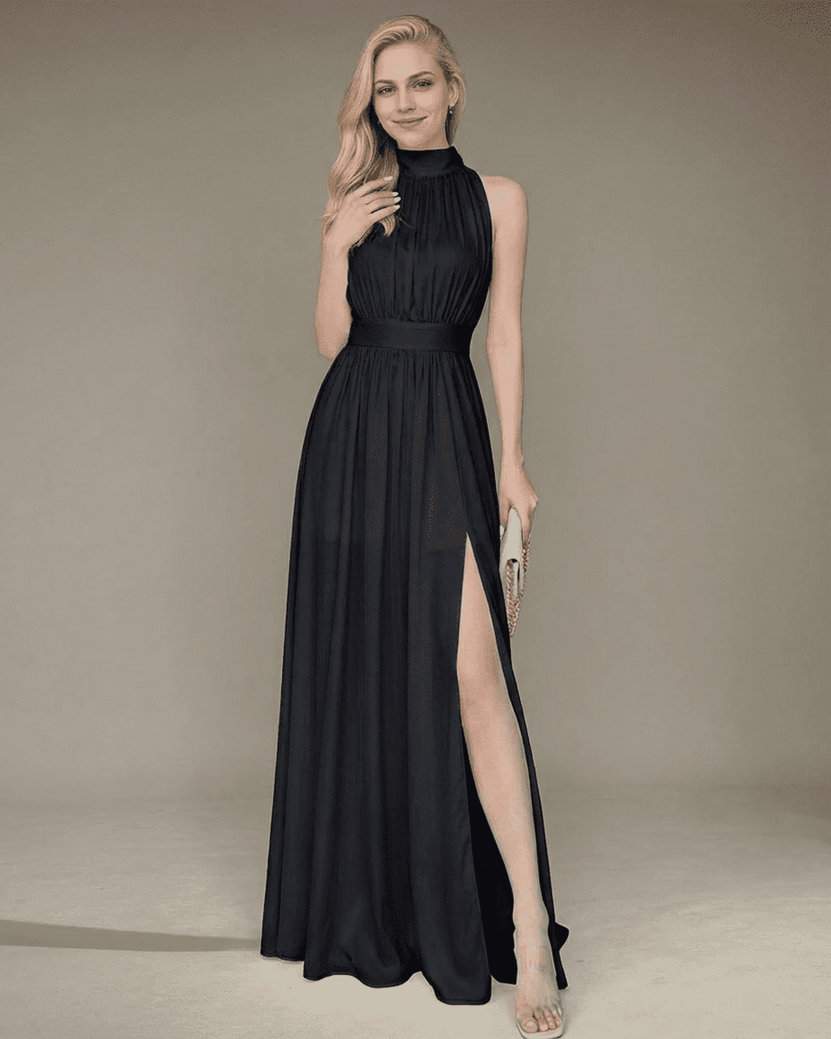 Noctis Maxi Dress - Elegant sleeveless turtleneck maxi dress with high waist and side slit by RAMBLION.