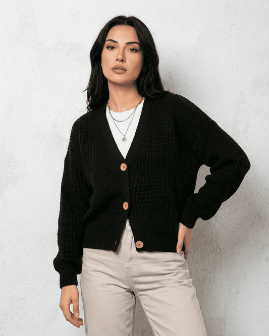Noir Cardigan – Sleek Black Knitwear with Classic V-Neck and Button Detail by RAMBLION