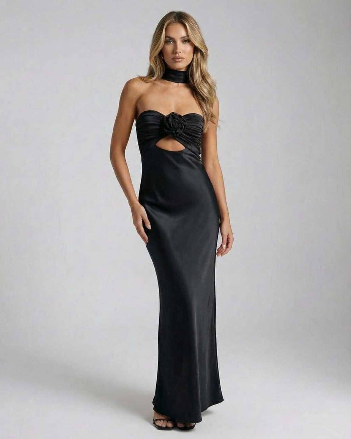 Noir Maxi Dress - Black satin fit and flare evening gown with strapless neckline and rose detail.