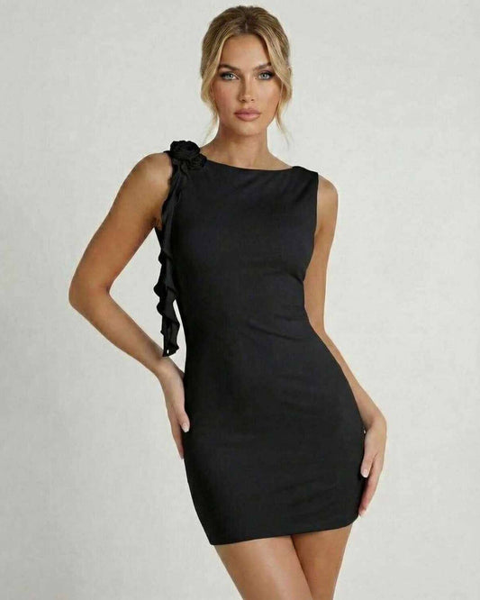 Noir Mini Dress by RAMBLION - Black Sleeveless Bodycon with Ruffle Detail in a timeless style.