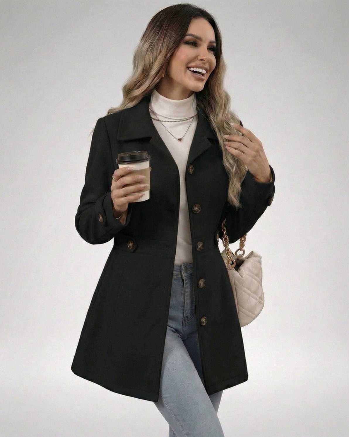 Woman smiling wearing the Noir Sculpt Jacket with a coffee cup, showcasing a stylish and chic look.