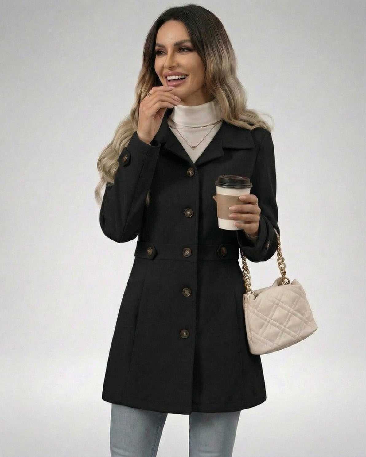 Noir Sculpt Jacket worn by a woman, showcasing a sleek black slim fit design with a lapel collar.