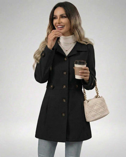 Noir Sculpt Jacket worn by a woman, showcasing a sleek black slim fit design with a lapel collar.