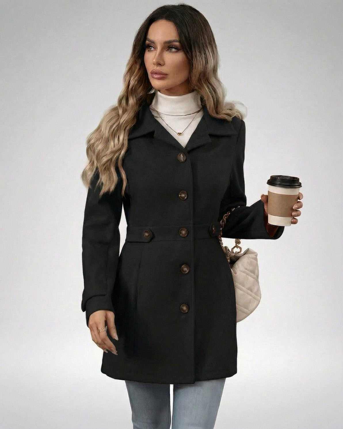 Noir Sculpt Jacket – Women in black slim fit jacket holding coffee and wearing a stylish outfit.