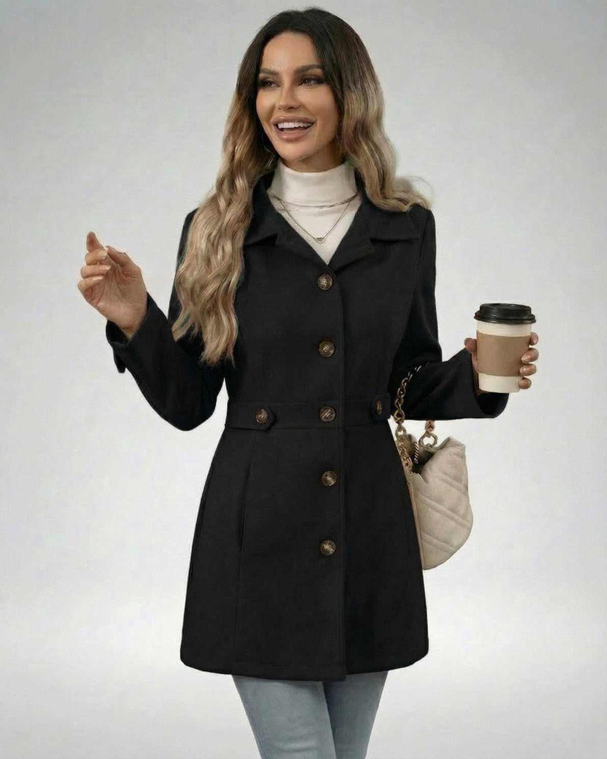 Woman wearing Noir Sculpt Jacket holding coffee, showcasing its slim fit and elegant design.