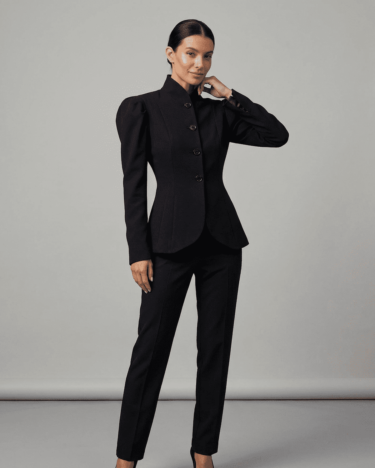 Noiré Blazer by RAMBLION, elegant women's black blazer with stand collar and puff sleeves for sophisticated workwear.