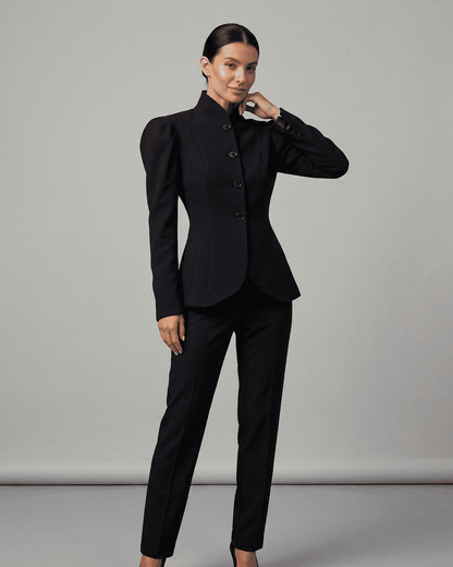 Noiré Blazer by RAMBLION, elegant women's black blazer with stand collar and puff sleeves for sophisticated workwear.