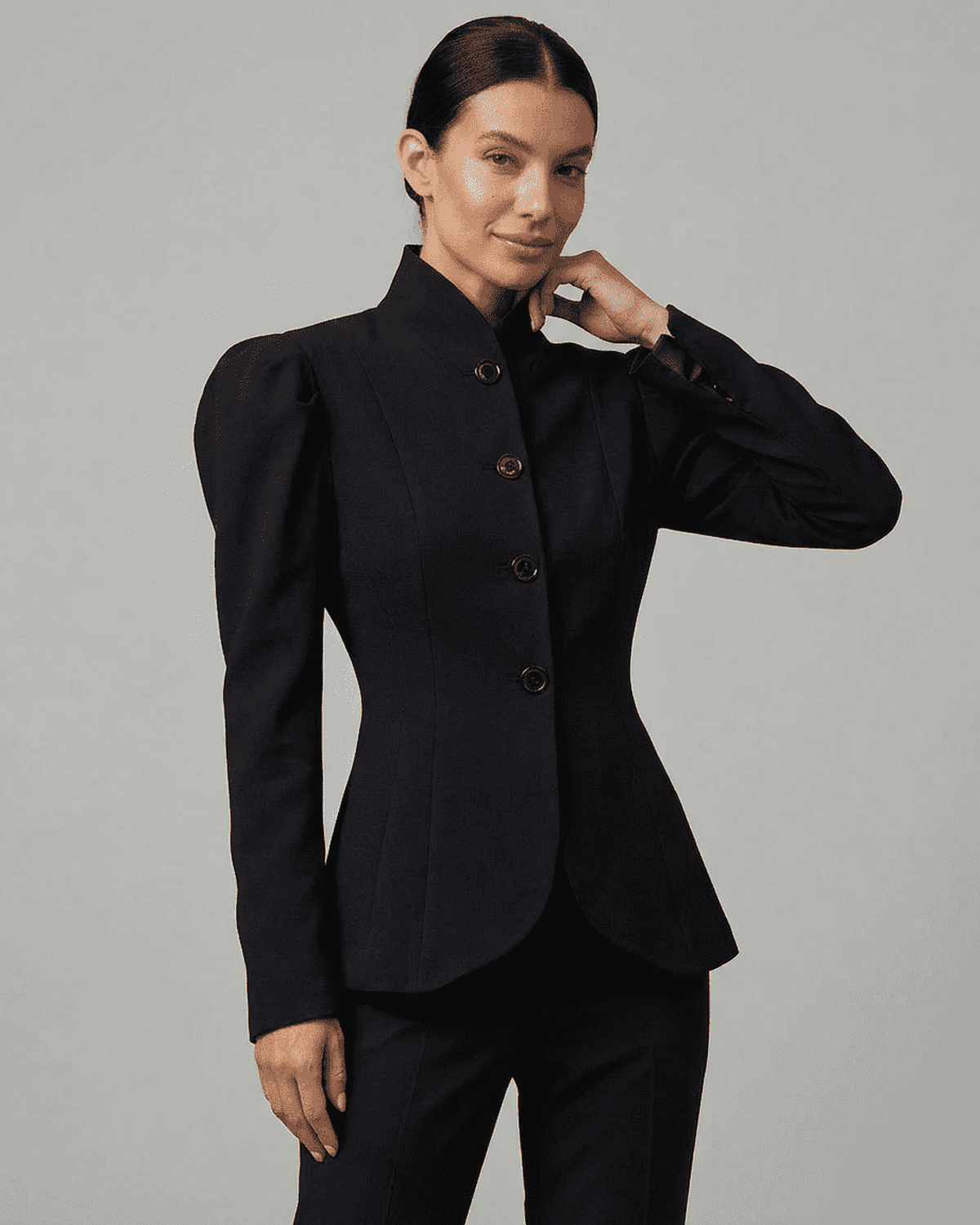 Noiré Blazer by RAMBLION featuring a stand collar and puff sleeves for a tailored, elegant look.