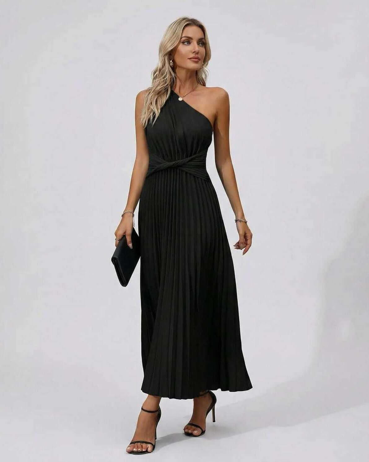 Elegant Nova Midi Dress featuring a one-shoulder design and pleated hem, perfect for luxury evening wear by RAMBLION.