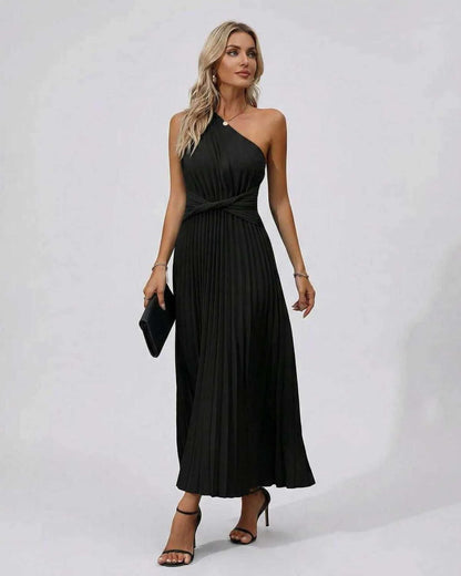 Elegant Nova Midi Dress featuring a one-shoulder design and pleated hem, perfect for luxury evening wear by RAMBLION.