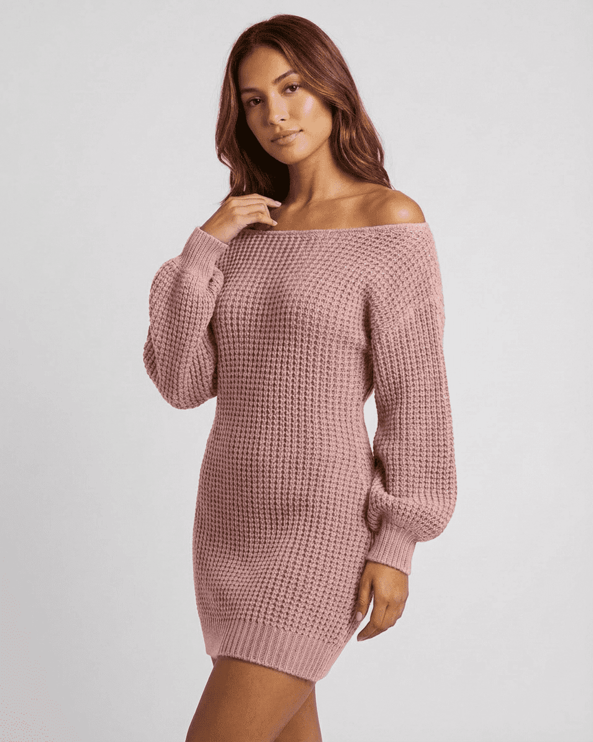 Nova Mini Dress in soft pink ribbed knit with off-the-shoulder neckline and lantern sleeves by RAMBLION.