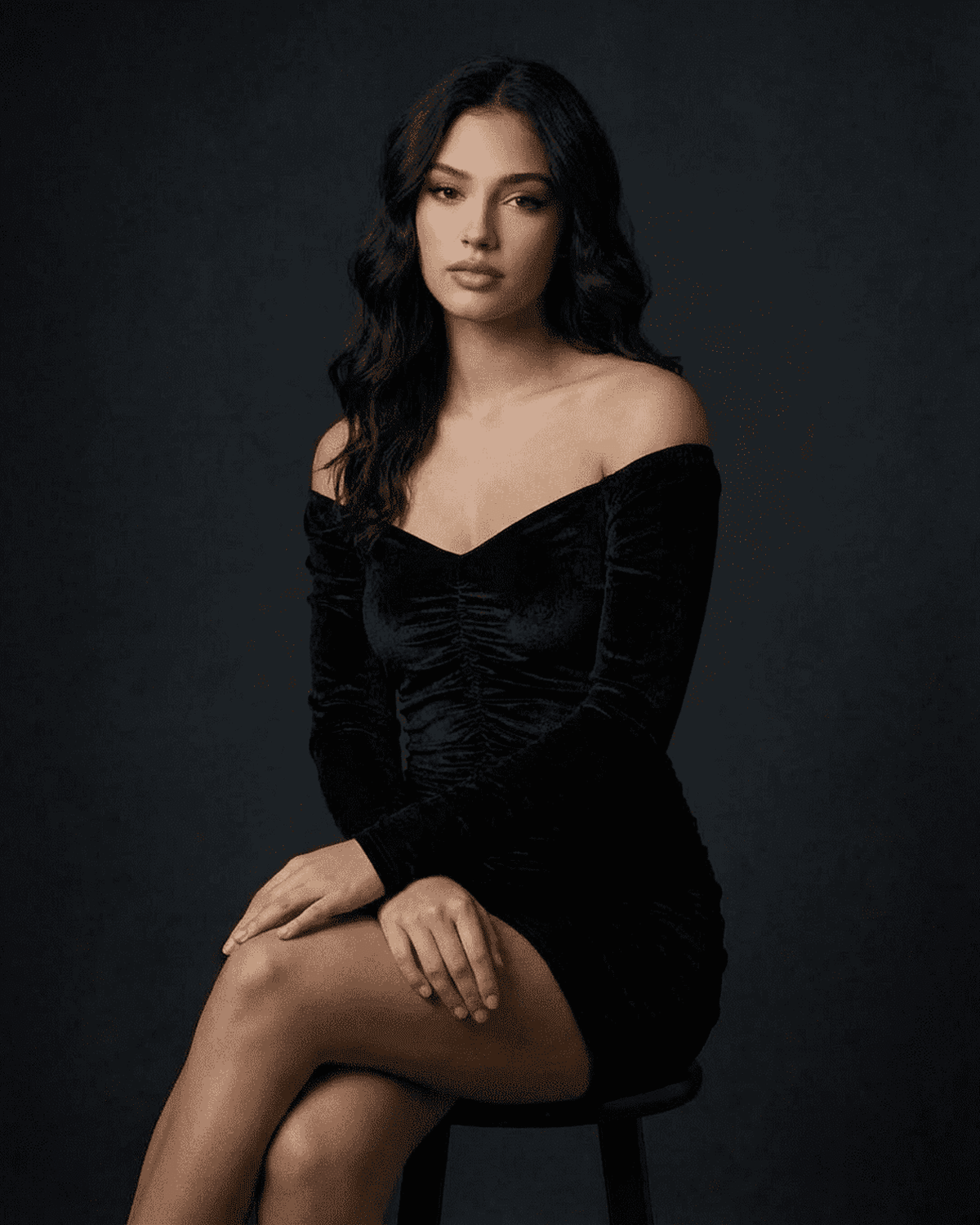 Nova Mini Dress by RAMBLION in black velvet with ruched design and deep V-neckline