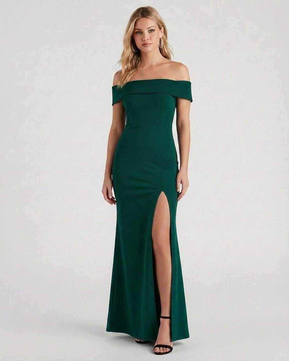 Gauze Maxi Dress by RAMBLION, emerald green, off-the-shoulder, elegant for special occasions, featuring a stylish leg slit.