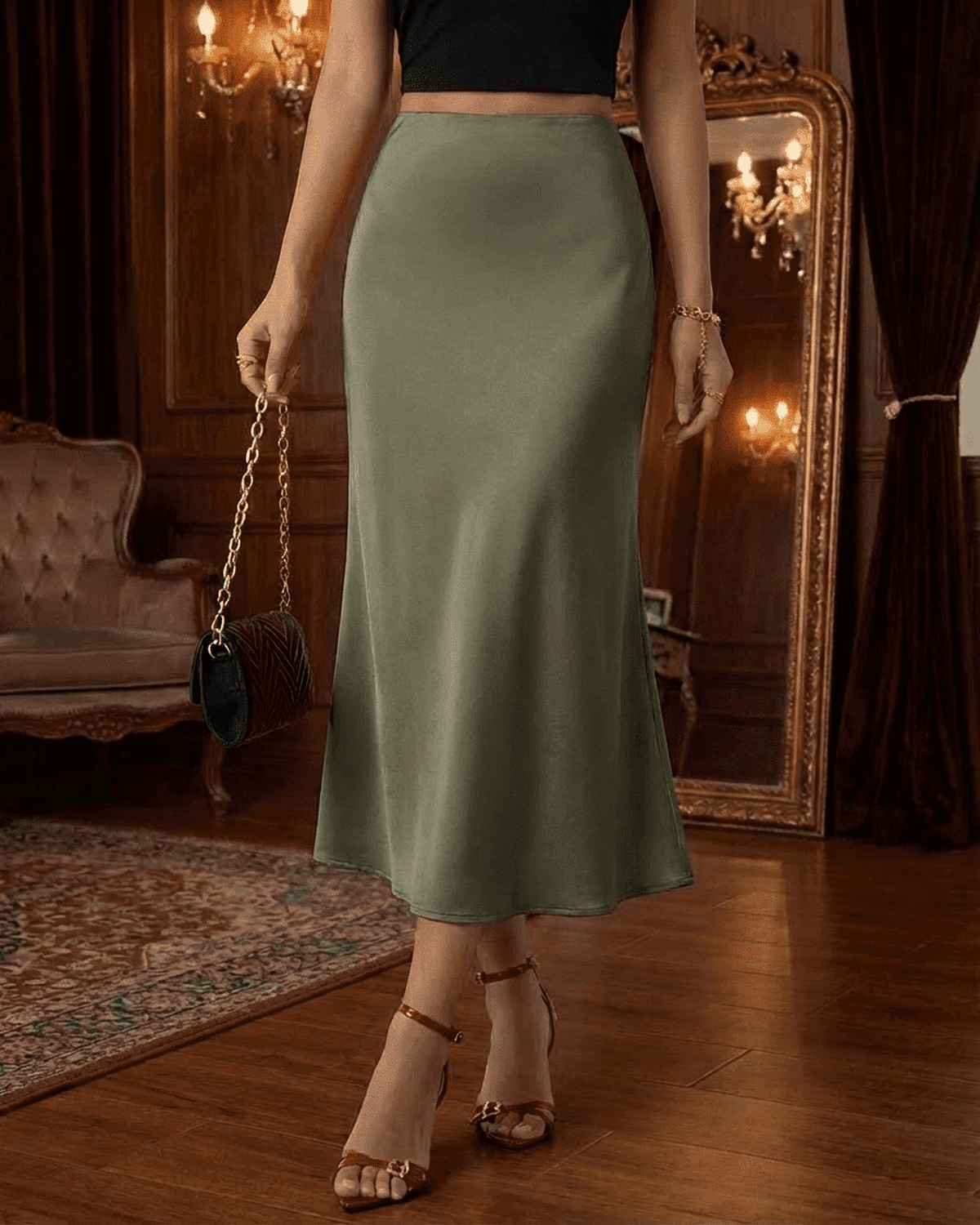 Olivia Midi Skirt – Satin mermaid midi skirt in olive green, showcasing elegance and a flattering silhouette.