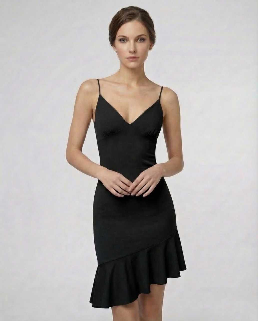 Oman Mini Dress by RAMBLION in black, featuring V neck, A-line shape, stylish and sophisticated for any occasion.
