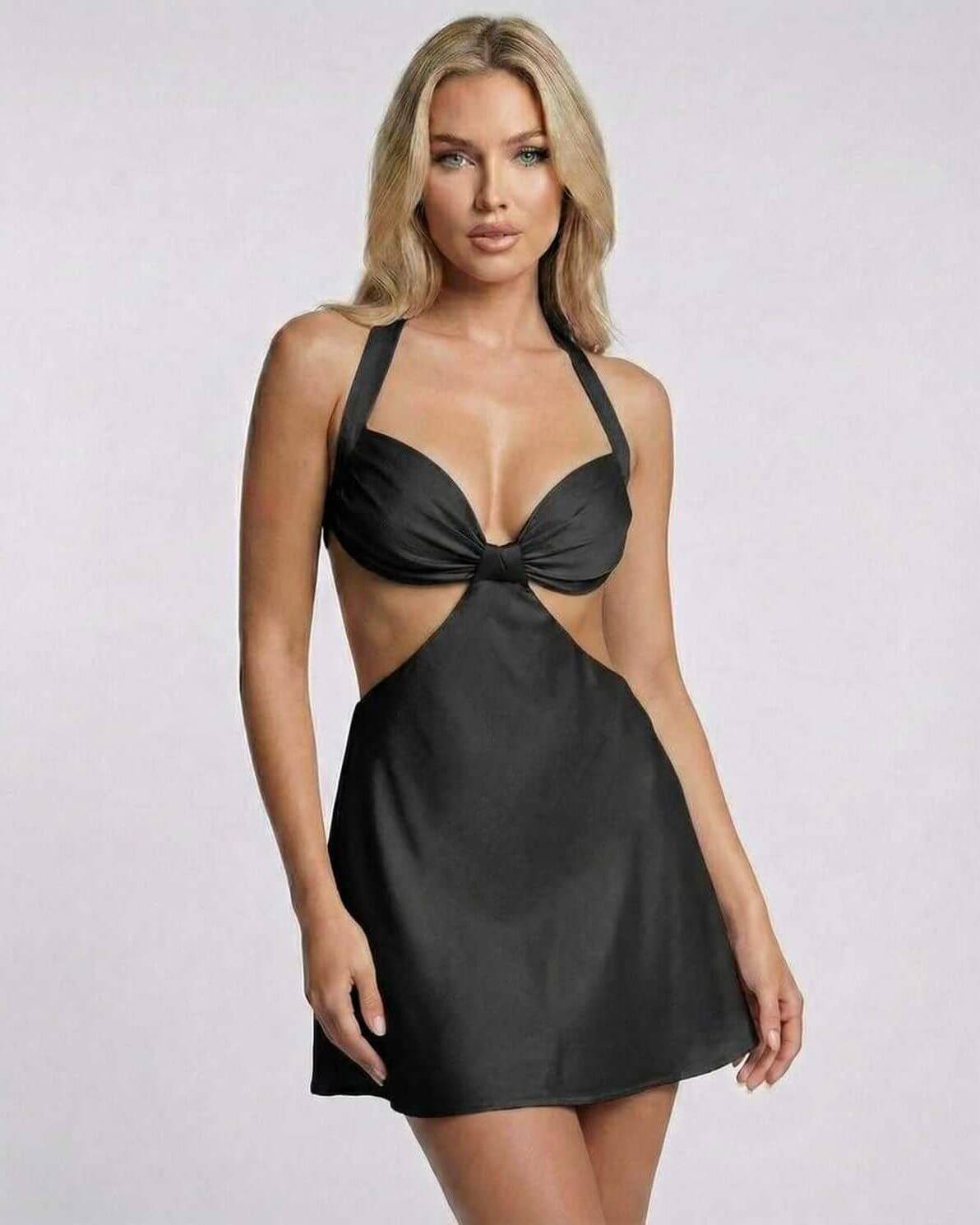 Onyx Mini Dress in sleek black satin featuring halter neck and cut-out detail, designed by RAMBLION.