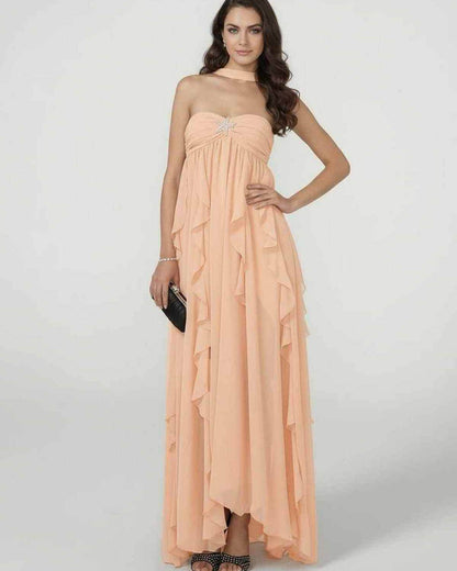 Peachira Maxi Dress by RAMBLION, elegant strapless ankle-length gown with ruffle detail in soft peach.