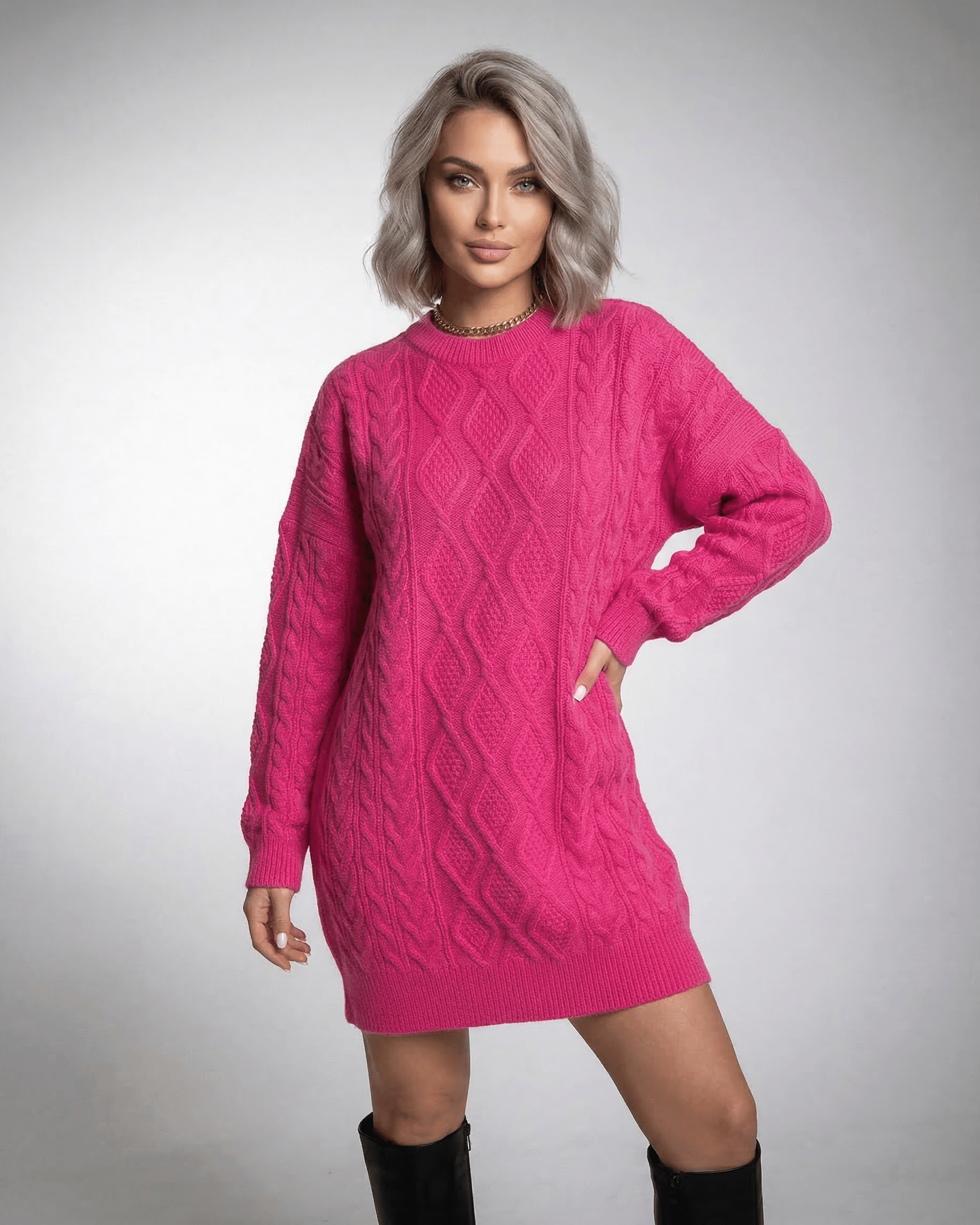 Espy Mini Dress in vibrant pink, cozy knit texture, perfect for casual outings, by RAMBLION.