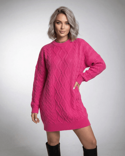 Espy Mini Dress in vibrant pink, cozy knit texture, perfect for casual outings, by RAMBLION.
